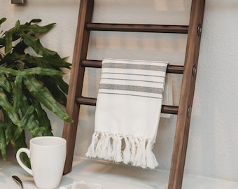 Tea Towel Mini Ladder | Modern Rustic Farmhouse Kitchen Or Bathroom Wood And Metal Ladder | Wood Display Hand Towel Ladder Farmhouse Decor