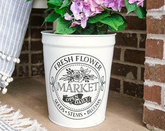 Fresh Flower Market Planter Bucket | Spring And Summer Country Farmhouse Porch Decor | White Metal Pail Outdoor Floral Painted Sap Bucket