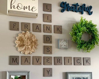 Laser Cut Wood Scrabble Letters | 3 x 3 Wooden Scrabble Letters Wall Art | Farmhouse Entryway Gallery Wall Scrabble Tiles For Family Names