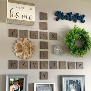 Laser Cut Wood Scrabble Letters | 3 x 3 Wooden Scrabble Letters Wall Art | Farmhouse Entryway Gallery Wall Scrabble Tiles For Family Names