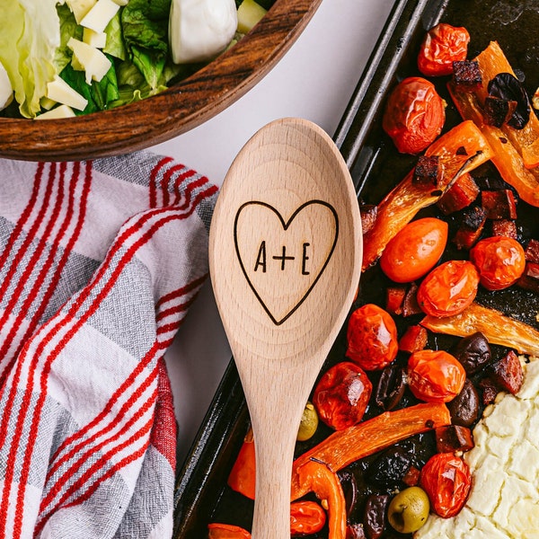 Heart Initials Wood Mixing Spoon | Personalized Gift | Bridal Shower Wedding Anniversary Wooden Spoon | The Perfect Mix Unique Couple Gift