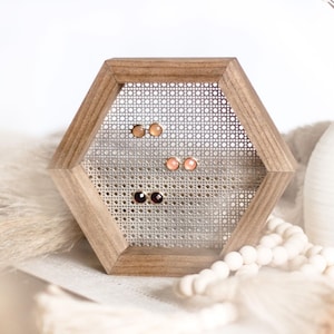 Small Hexagon Earring Stand Wood And Metal Jewelry Holder Organizer Modern Minimalist Boho Studs Dangling Earring Display Storage Gift Small