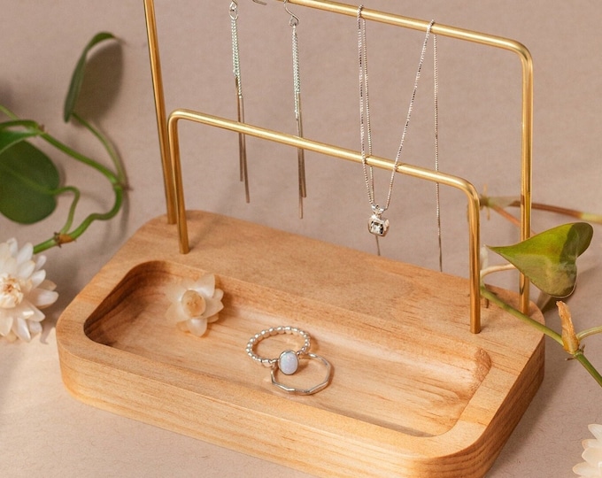 Small Earring Stand | Modern Minimalist Jewelry Storage Display Organizer | Jewelry Holder Brass And Wood | Huggies Studs Hoops Boho Decor