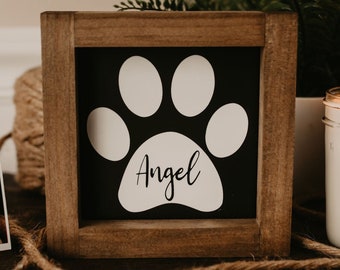 Dog Paw Print Name Sign | Wood Framed Dog Sign | Mini Dog Name Sign | Dog Memorial Sign | Paw Print Dog Name Wall Or Shelf Dog Lover Sign
