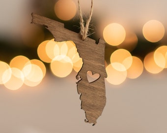 Wood State Ornament | Personalized Your City And State Location Heart Cutout Wooden Christmas Ornament Farmhouse Rustic Brown Stained Decor