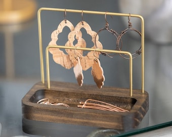 Small Earring Stand | Modern Minimalist Jewelry Storage Display Organizer | Jewelry Holder Brass And Wood | Huggies Studs Hoops Boho Decor