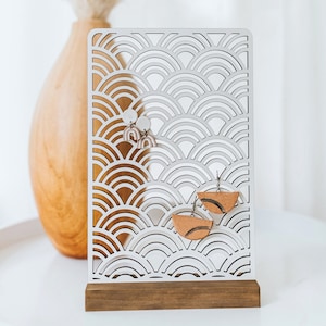Art Deco Earring Holder Stand | Rainbow Scalloped Boho Jewelry Display Organizer Bedroom Decor | Cute White And Wood Earring Organizer Girls
