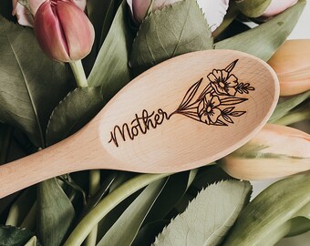 Mother's Day Spoon | Personalized Wooden Gift For Mom | Flower Bouquet Mother Mum Mom | Mothers Day Flowers Engraved Kitchen Decoration