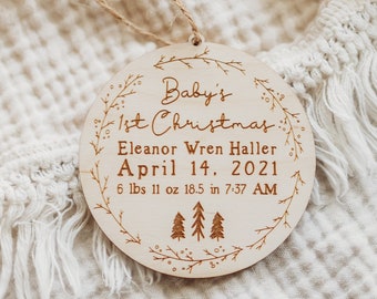 Baby's First Christmas Ornament | Personalized Baby Stats Christmas Ornament | New Baby 1st Christmas Ornament | Natural Wood Boho Décor