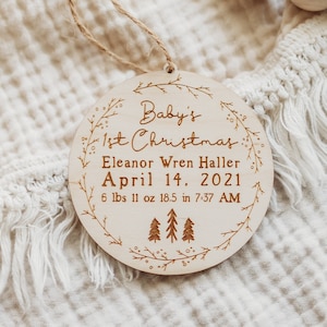 Baby's First Christmas Ornament | Personalized Baby Stats Christmas Ornament | New Baby 1st Christmas Ornament | Natural Wood Boho Décor
