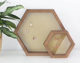 Gold Hexagon Earring Holder | Small Or Large Wood And Golden Metal Jewelry Stand | Modern Minimalist Boho Studs Dangling Earring Storage