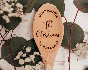 Recipe For Love Wooden Spoon | Custom Last Name Wedding Bridal Shower Gift | Anniversary Couple Cooking Gift | Laser Engraved Wooden Spoon