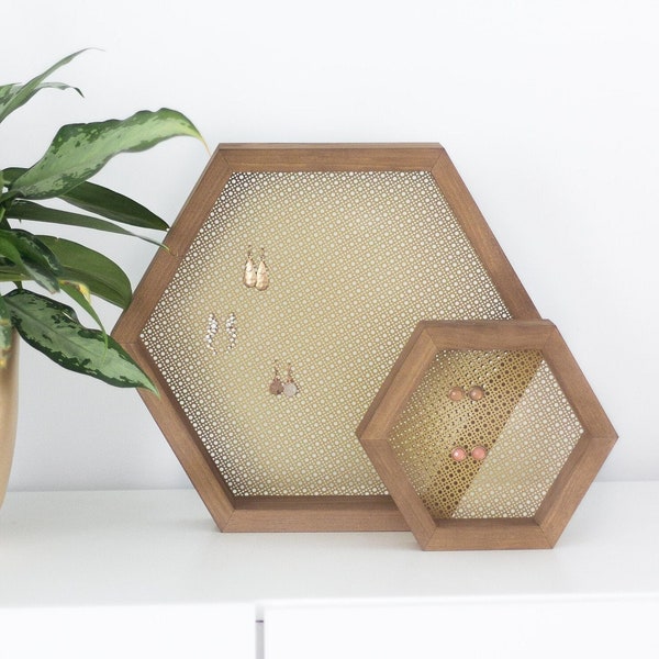 Gold Hexagon Earring Holder | Small Or Large Wood And Golden Metal Jewelry Stand | Modern Minimalist Boho Studs Dangling Earring Storage