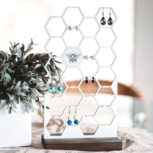 Honey Bee Wood Earring Holder Stand | Laser Honeycomb Earring Display | Jewelry Organizer | Modern Stud Or Dangling Storage Organization
