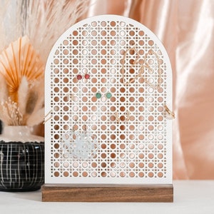 Boho Rattan Arch Earring Display And Wooden Stand | Laser Jewelry Organizer Bedroom Decor | Minimalist White Modern Earring Storage Girls