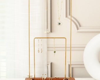 Tall Brass And Wood Jewelry Organizer | 2 Tier Jewelry Holder Display With Tray | Modern Minimalist Necklace Earring Ring Bracelet Stand
