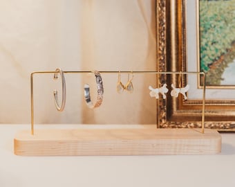 Gold Jewelry Holder | Brass And Maple Wood Modern Minimalist Necklace Earring Ring Bracelet Stand | Permanent Jewelry Display Organizer