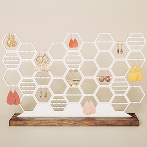 Large Earring Organizer | Honeycomb Jewelry Holder Display | Modern White And Wood Stud Dangling Earring Storage For Dresser Vanity 60 Pairs