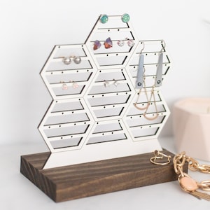 Geometric Honeycomb Earring Display | Wood Earring Organizer | Jewelry Holder Stand | Modern Post Or Dangling Minimalist Earring Storage