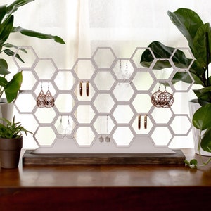 Large Wood Earring Holder | Honeycomb Jewelry Display Organizer | Sturdy Wooden Stand Open Stud Dangling Earring Storage For Dresser Vanity