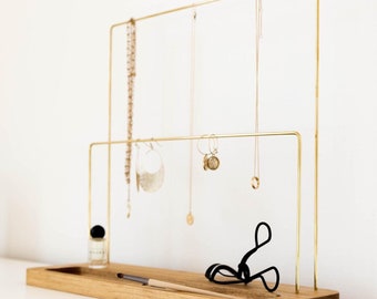 Jewelry Holder Organizer | Modern Minimalist Jewelry Stand | Necklace Earring Ring Bracelet Storage Display | Brass And Wood 2 Tier Design