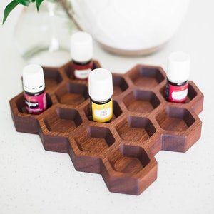 Hexagon Essential Oil Holder | Wood Honeycomb Trivet | Candle Hot Pan Coaster | Modern Farmhouse Wooden Kitchen Home Decor | Carved Dish