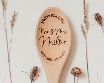 Recipe For Love Mix Mr. And Mrs. Wood Mixing Spoon | Personalized Custom Last Name Wedding Bridal Shower Gift | Couple Cooking Housewarming