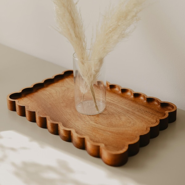 Large Scalloped Wood Catchall Tray | Long Wavy Rectangle Jewelry Dish | Vintage Inspired Solid Carved Hardwood Valet Tray Kitchen Bedroom
