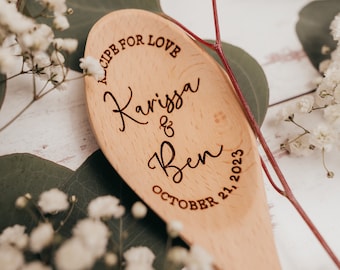Wood Mixing Spoon Recipe For Love | Wedding Bridal Shower Gift Personalized Names | Anniversary Couple Cooking | Laser Engraved Wooden Spoon
