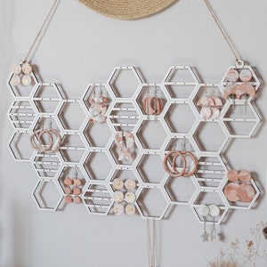 Hanging Earring Holder | Honeycomb Earring And Necklace Organizer Display | Boho Modern White Bracelets Stud Dangling Large Jewelry Storage