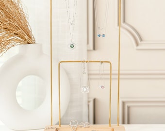 Hardwood Jewelry Stand With Ring Dish | 2 Tier Jewelry Holder Display Brass And Wood | Modern Minimalist Necklace Earring Bracelet Organizer