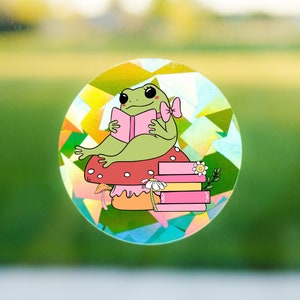 Suncatcher Cute Frog Reading On Mushroom | Flowers Hippie Rainbow Maker Suncatcher Decal Sticker | 4&quot; Prism Film For Direct Sunlight Windows