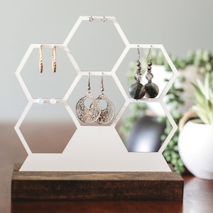 Wood Earring Organizer | Laser Geometric Honeycomb Earring Display | Jewelry Holder Stand | Modern Post Or Dangling Earring Jewelry Storage