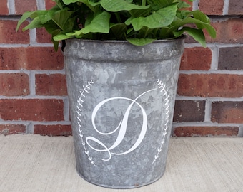 Personalized Galvanized Metal Bucket Planter | Custom Flower Porch Bucket | Last Name Initial Galvanized Bucket | Farmhouse Galvanized Decor