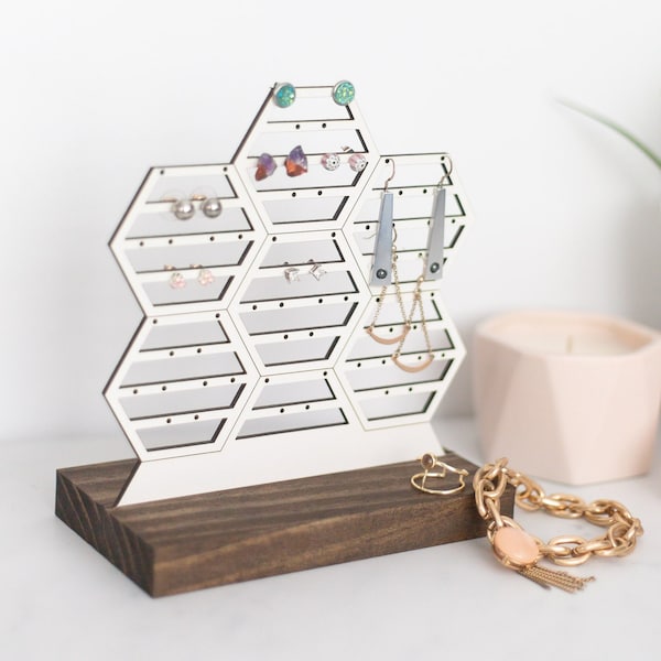 Geometric Honeycomb Earring Display | Wood Earring Organizer | Jewelry Holder Stand | Modern Post Or Dangling Minimalist Earring Storage