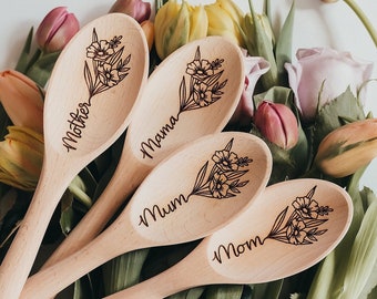 cuillère pour la fête des mères | Cadeau en bois personnalisé pour maman | bouquet de fleurs maman maman maman maman | Décoration de cuisine gravée de fleurs pour la fête des mères