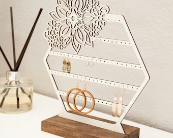 Wood Earring Holder Stand | Floral Hexagon Laser Earring Display | Honeycomb Jewelry Organizer | Modern White Stud Dangling Earring Storage
