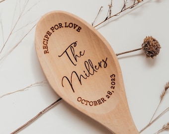 Recipe For Love Wooden Spoon | Custom Last Name Wedding Bridal Shower Gift | Anniversary Couple Cooking Gift | Laser Engraved Wooden Spoon
