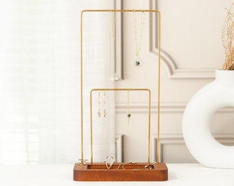 Tall Brass And Wood Jewelry Organizer | 2 Tier Jewelry Holder Display With Tray | Modern Minimalist Necklace Earring Ring Bracelet Stand