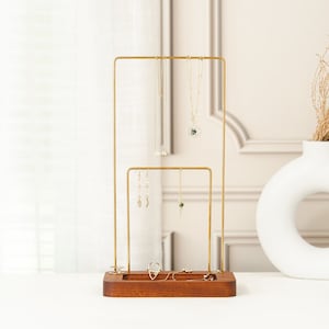 Tall Brass And Wood Jewelry Organizer | 2 Tier Jewelry Holder Display With Tray | Modern Minimalist Necklace Earring Ring Bracelet Stand