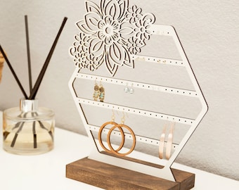 Wood Earring Holder Stand | Floral Hexagon Laser Earring Display | Honeycomb Jewelry Organizer | Modern White Stud Dangling Earring Storage