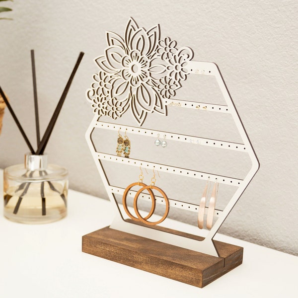 Wood Earring Holder Stand | Floral Hexagon Laser Earring Display | Honeycomb Jewelry Organizer | Modern White Stud Dangling Earring Storage