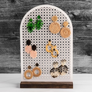 Large Boho Rattan Arch Earring Holder Stand With Wooden Base | Jewelry Organizer Display Decor | Minimalist White Modern Storage Girls