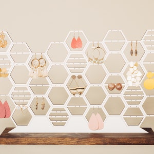 Large Earring Organizer Honeycomb Jewelry Holder Display Modern White And Wood Stud Dangling Earring Storage For Dresser Vanity 60 Pairs image 1