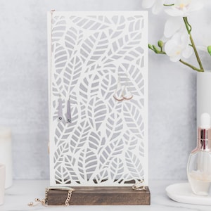 Leaf Design Wood Earring Holder Stand | Laser Wood Leaf Earring Display | Jewelry Organizer | White Dangling Earring Jewelry Storage Leaves