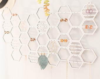 Wall Hanging Jewelry Organizer | Honeycomb Earring And Necklace Display | Modern White Stud Or Dangling Earring Jewelry Holder Storage