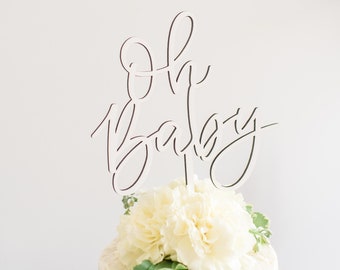 Oh Baby Cake Topper | White Baby Shower Cake Topper | Gender Reveal Party Girl Or Boy Decoration | Script Laser Cut Out