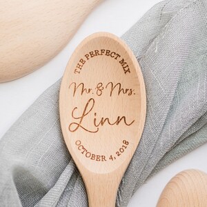 The Perfect Mix Mr. And Mrs. Wood Mixing Spoon Personalized Custom Last Name Wedding Gift Laser Engraved Wood Spoon Bridal Shower Gift image 6