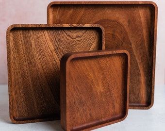 Large Square Wood Catchall Tray | Sapele Catch All Valet Tray | 10" Carved Wooden Dish Modern Farmhouse Decor For Ottoman Desk Coffee Table