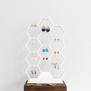 Tall Honeycomb Earring Display | Wood Stand Hexagon Jewelry Organizer | Modern Boho Earring Holder Stud Hoop Dangling Huggie Storage Stand